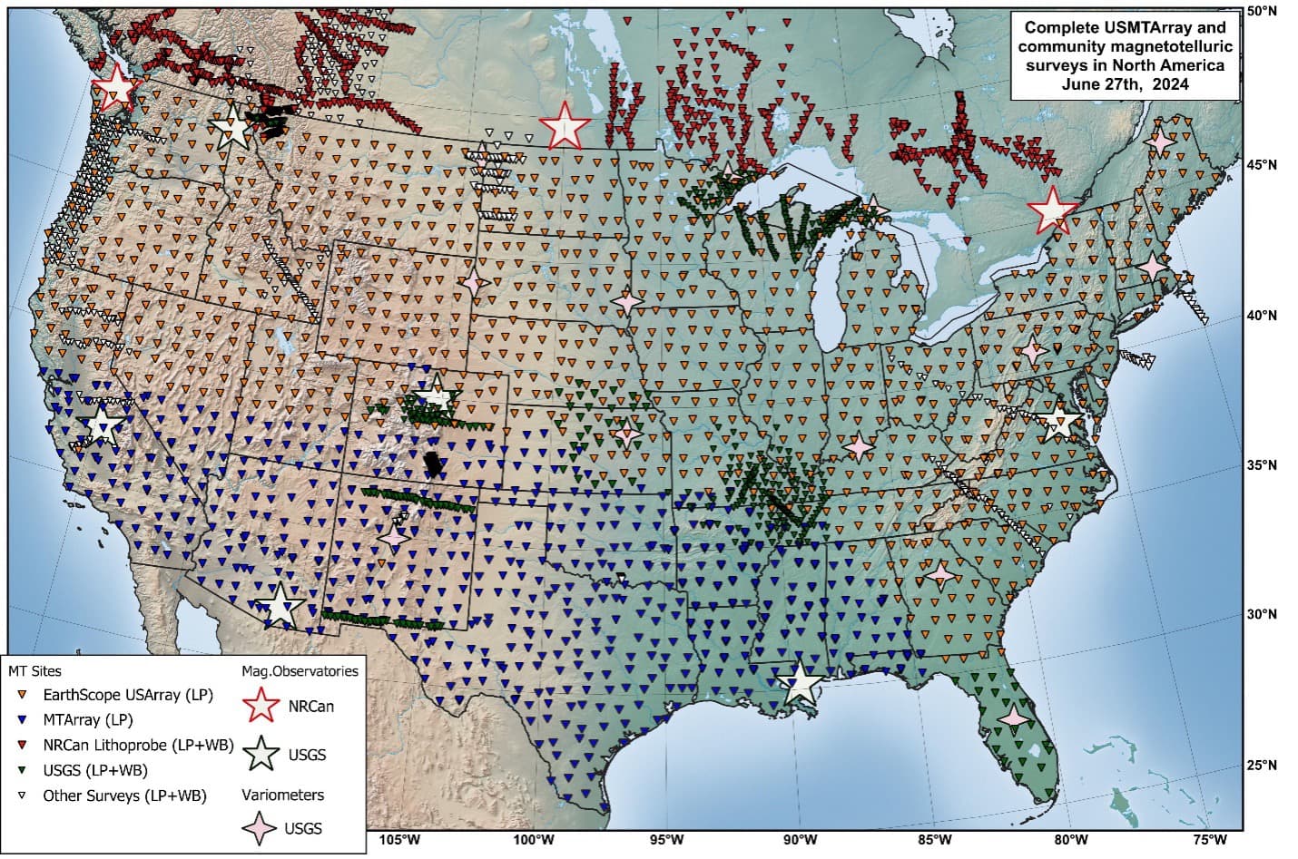 A map of the United States with several markers indicating electrical structures across its entirety.