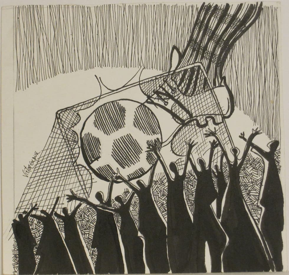 Illustration of figures in silhouette celebrating with arms in the air, while in the background an oversized foot wearing cleats kicks an oversized soccer ball into a goal. Black ink on white paper.