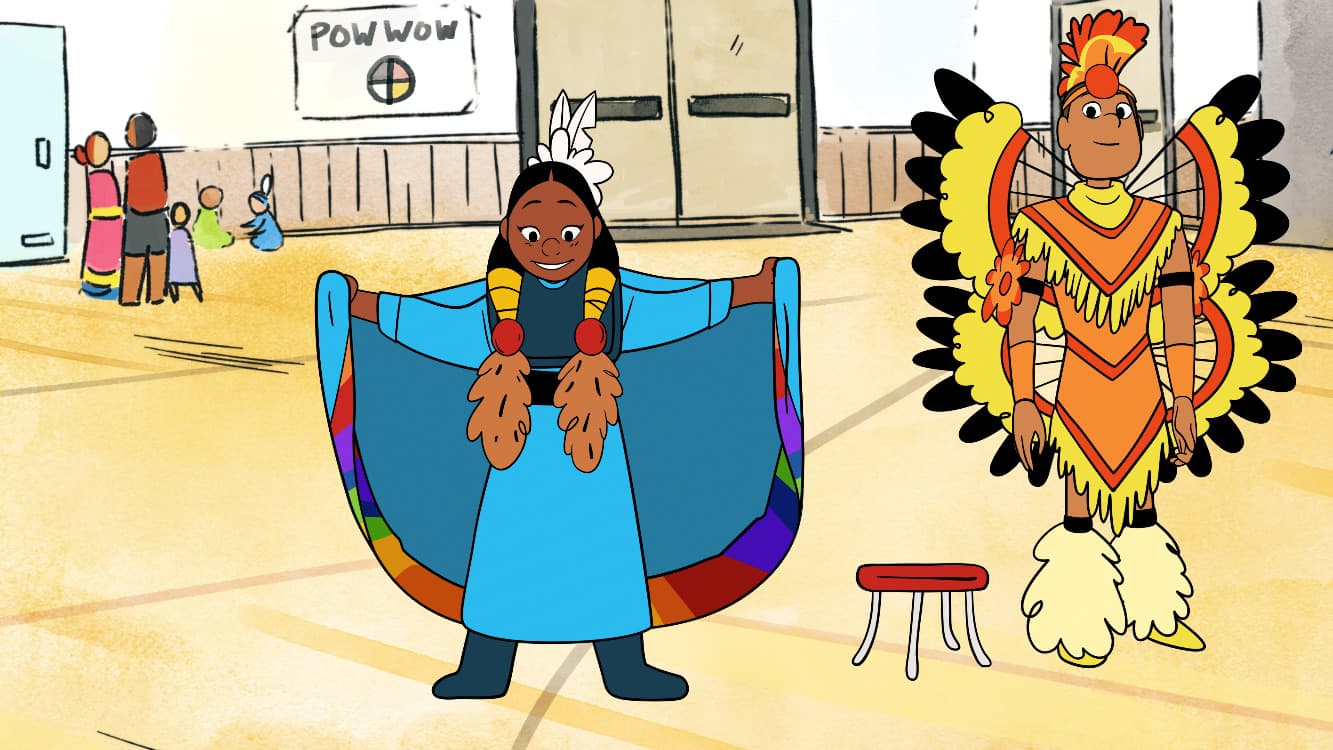 Animated film still of a two young people at a Pow Wow, one person has their arms outstretched holding a shawl, the other wears feathered regalia, a small group is gathered at the back of the space near a sign on the wall that reads POW WOW